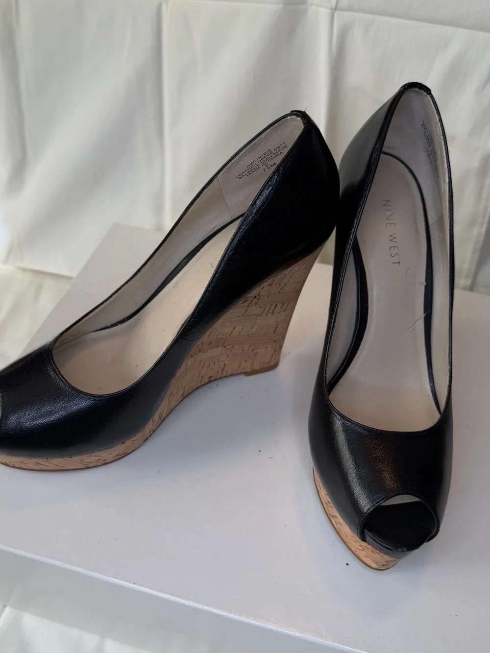 Nine West Black Peep-Toe Platform Wedges with Cork Trim